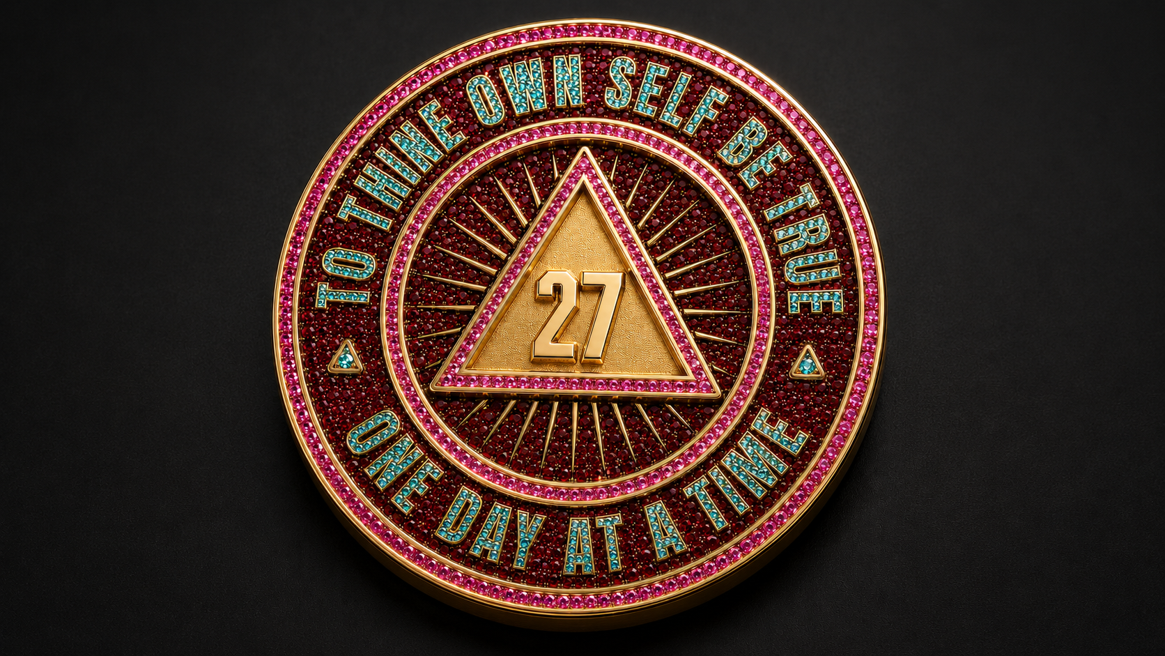 ANNUM jeweled sobriety medallion — 18k gold with pavé Paraiba tourmaline, ruby, and pink sapphire